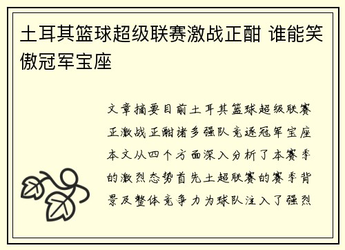 土耳其篮球超级联赛激战正酣 谁能笑傲冠军宝座 土耳其篮球超级联赛激战正酣 谁能笑傲冠军宝座