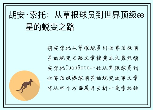 胡安·索托:从草根球员到世界顶级明星的蜕变之路 胡安·索托:从草根球员到世界顶级明星的蜕变之路